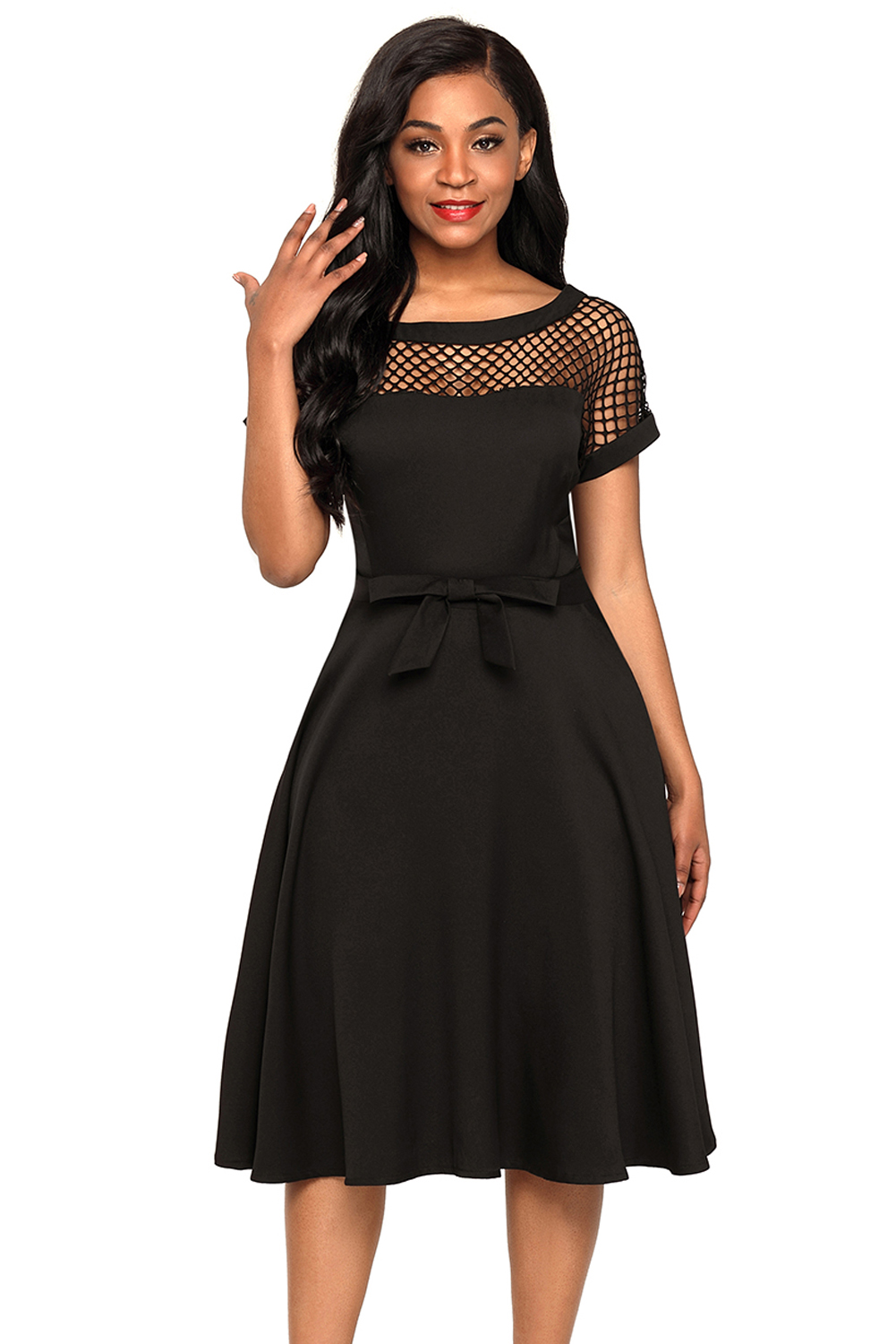 BY61862-2 Fishnet Insert Black Bowknot Embellished Dress